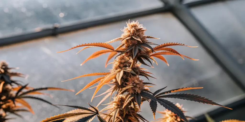 Close-up of a flowering cannabis plant with dense, golden-hued buds and leaves in a sunlit greenhouse.