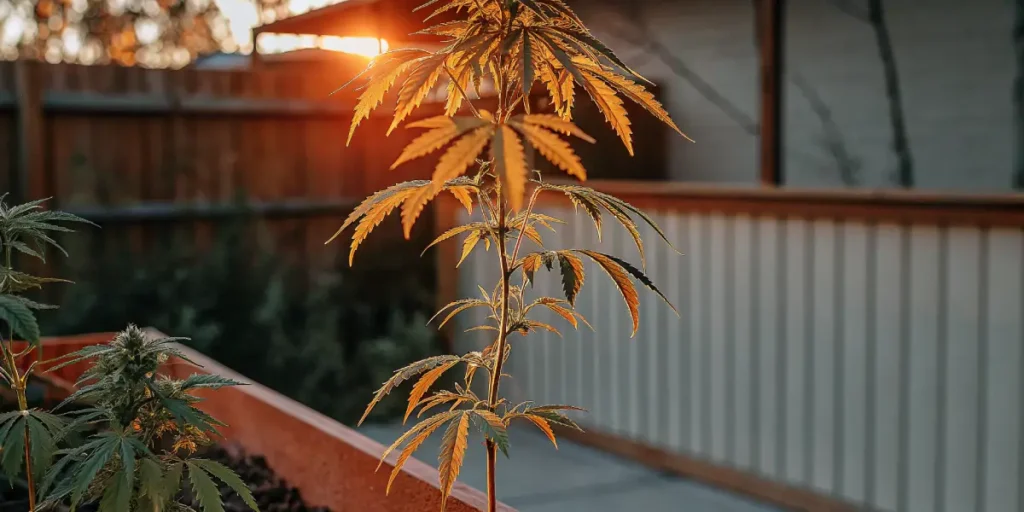 Cannabis plant bathed in golden hour light in a backyard garden, with a fence and building in the background.
