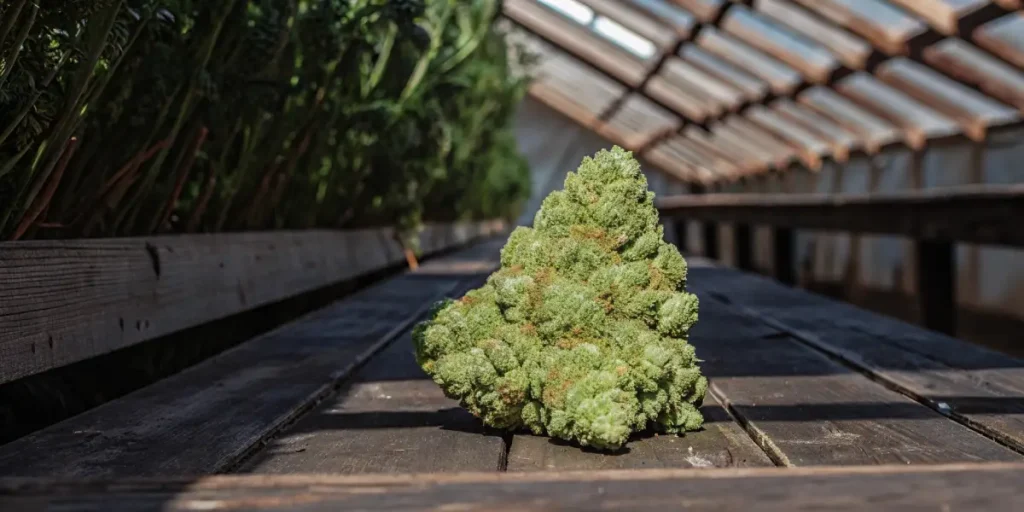 Close-up of a large, dense, light green "Gorilla Glue" cannabis bud on a wooden surface in a greenhouse.