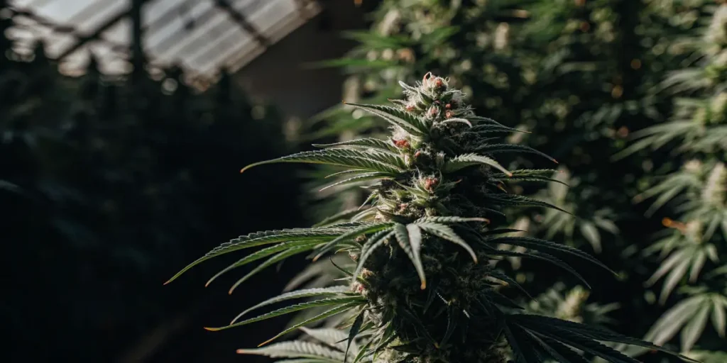 Close-up of a vibrant Green Crack cannabis bud with white pistils and green leaves, in a sunlit greenhouse.