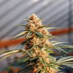Close-up of a vibrant Green Crack cannabis bud with prominent orange pistils and green leaves, under natural light from a greenhouse.
