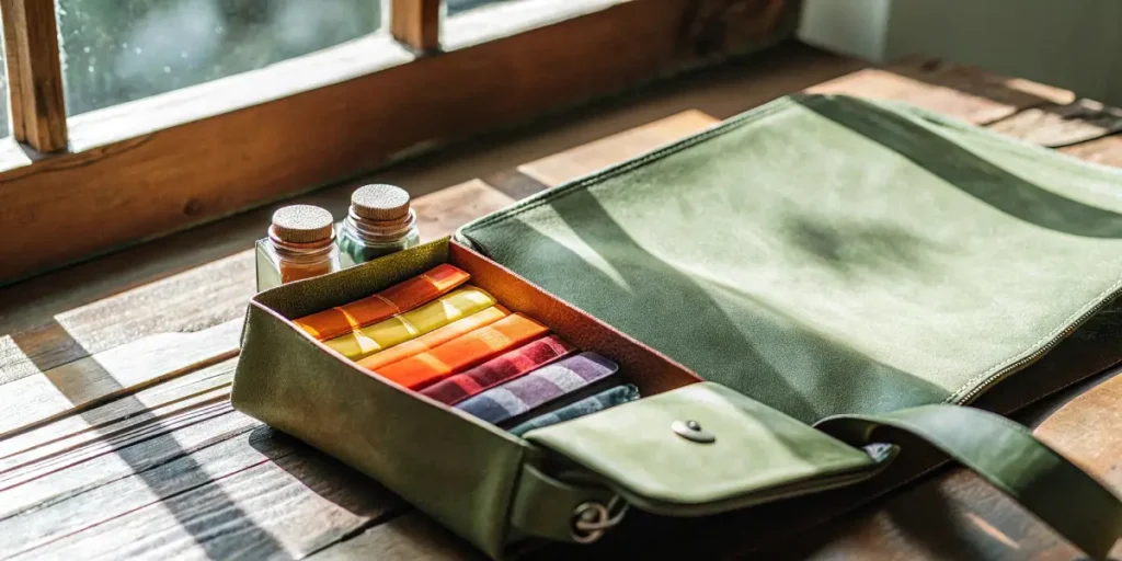 Close-up of an open green leather satchel revealing colorful samples, next to two small bottles on a wooden table.
