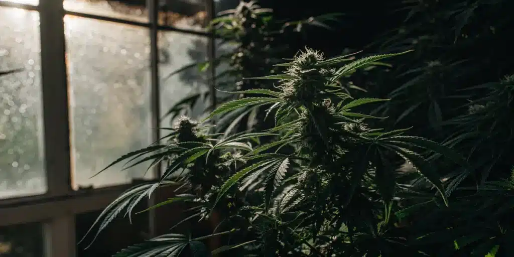 Close-up of a vibrant cannabis plant with a dense, frosty bud and dark green leaves in a sunlit greenhouse.