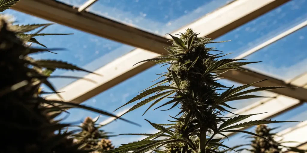 Close-up of a cannabis plant with a prominent bud and green leaves, backlit by a clear blue sky through a greenhouse roof.