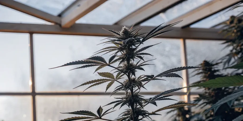Close-up of a cannabis plant with a prominent bud and dark leaves, backlit by a hazy sun through a greenhouse roof.