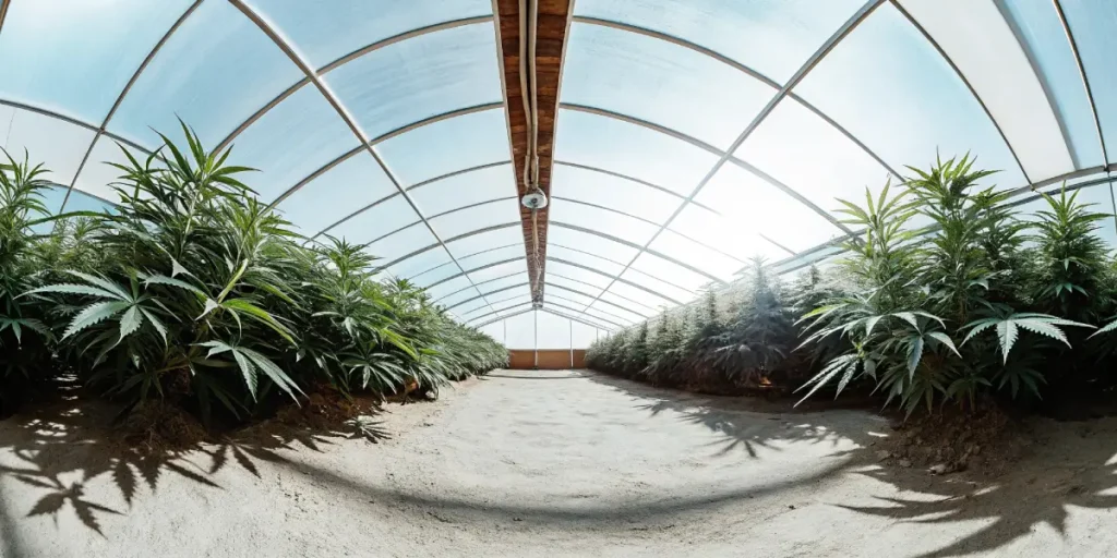 Wide-angle view of a sunlit greenhouse filled with rows of tall, thriving cannabis plants.
