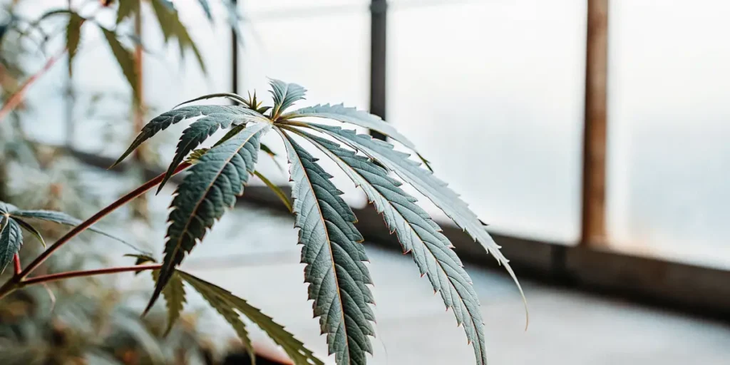 Close-up of a vibrant green cannabis leaf illuminated by diffused light from a greenhouse window.