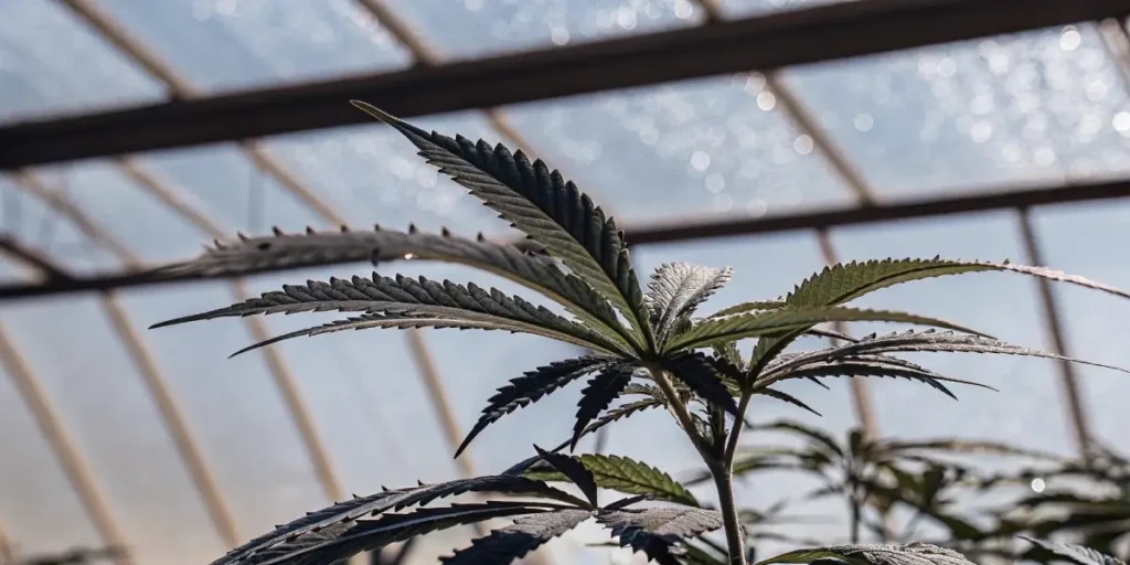 Close-up of a vibrant cannabis leaf against a bright, sunlit greenhouse roof structure.