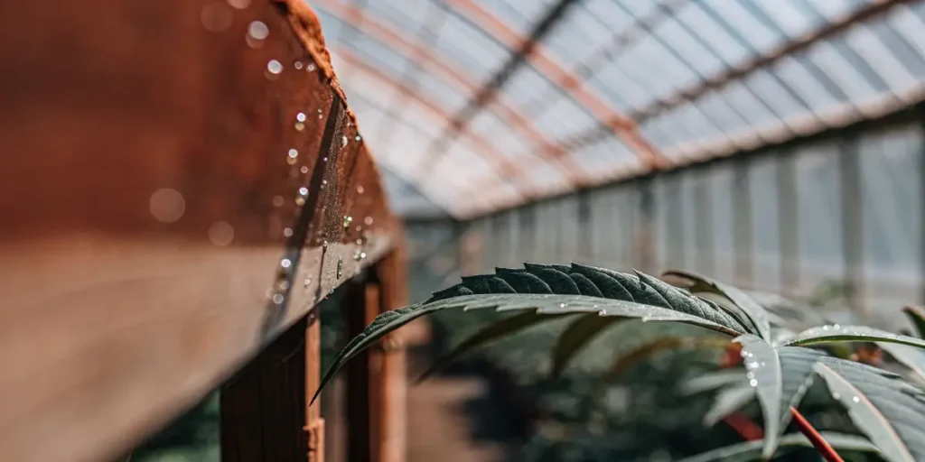 Macro photograph of a cannabis leaf with water droplets in a sunny greenhouse, focusing on the foreground.