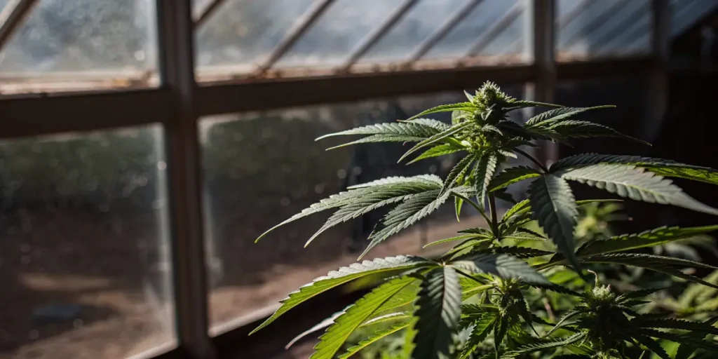 Close-up of a cannabis plant's vibrant green leaves, with sunlight filtering through a rustic greenhouse window in the background.
