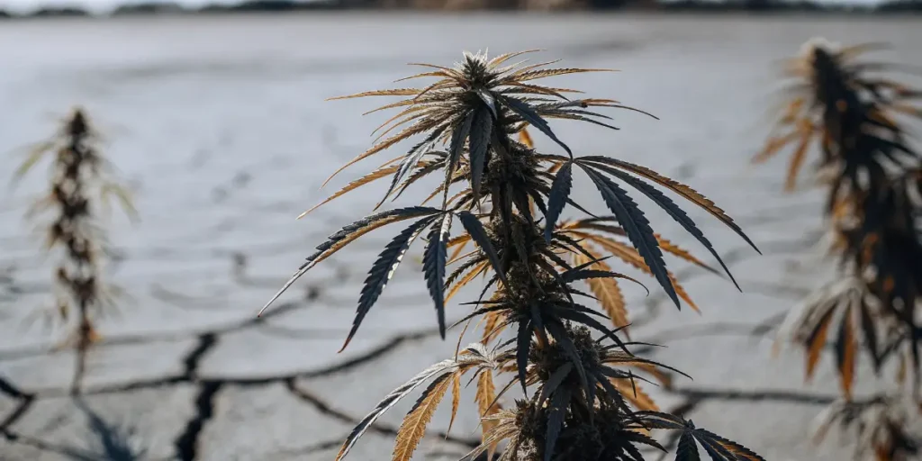 Close-up view of a greenhouse cannabis plant with green leaves and a visible bud against a blurred roof.