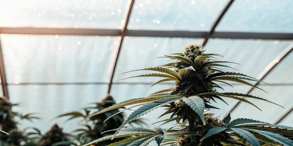 Close-up of a vibrant cannabis plant with dense buds under a sunlit greenhouse roof against a blue sky.