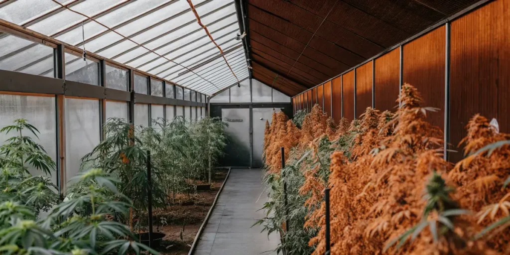 Lush greenhouse interior with a long aisle, rows of green and golden-orange cannabis plants.