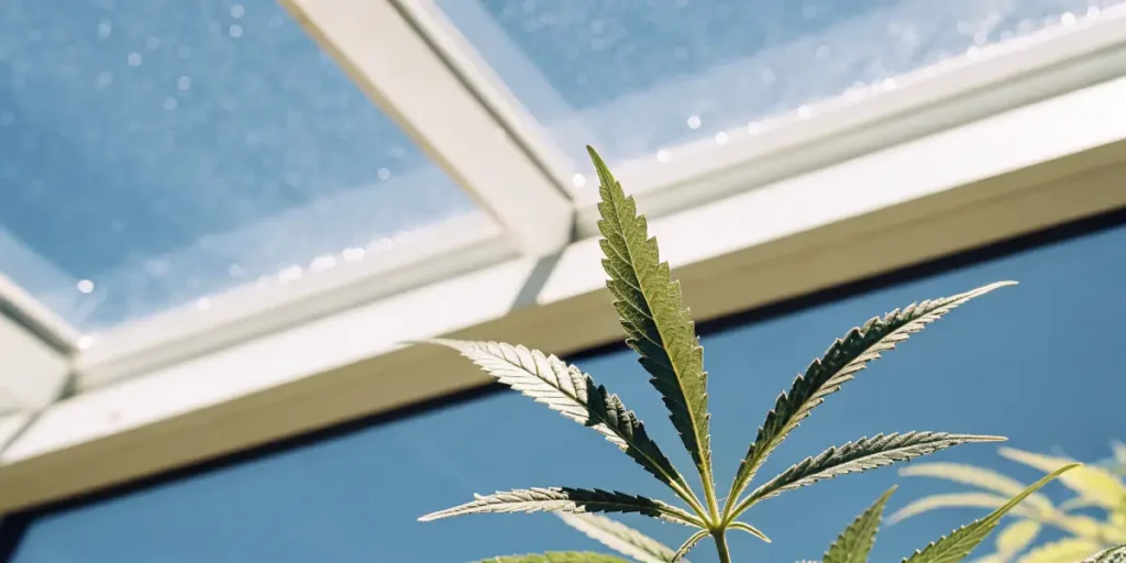 Close-up of a vibrant cannabis leaf against a clear blue sky, seen through a sunlit greenhouse roof.