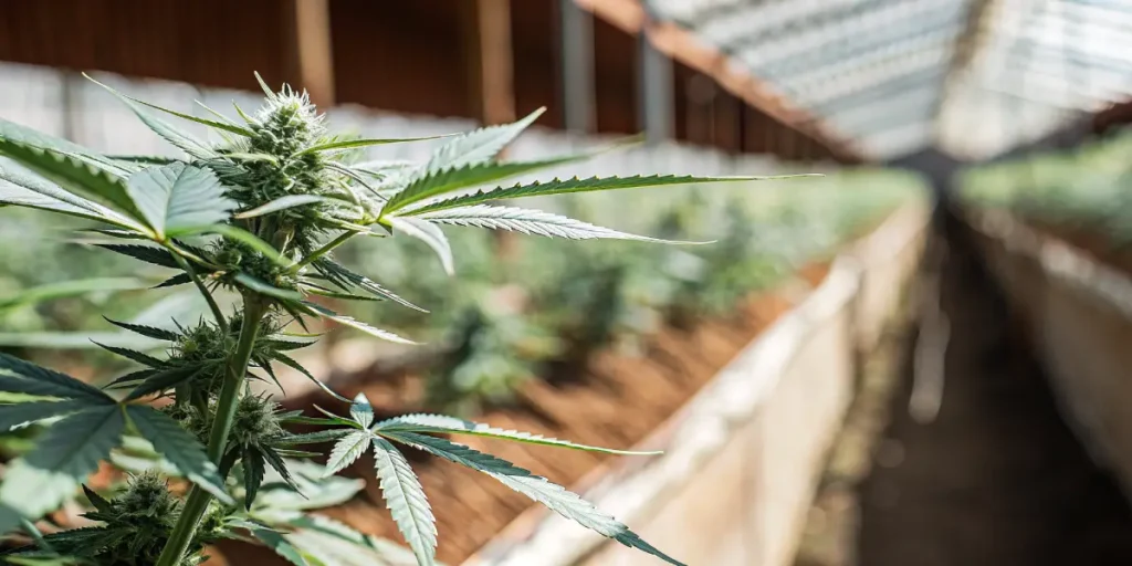 Extreme macro shot of a cannabis stem with dense buds and leaves in a greenhouse with a long path and other plants.