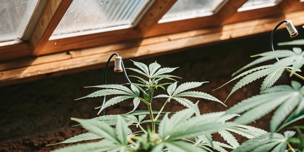 Close-up of a cannabis plant's top with developing buds, under a greenhouse roof with wooden beams.