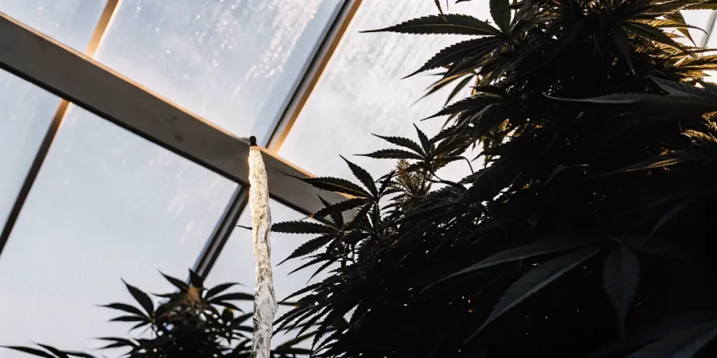 Close-up of a cannabis plant in a lush greenhouse with a stream of water pouring from a pipe.
