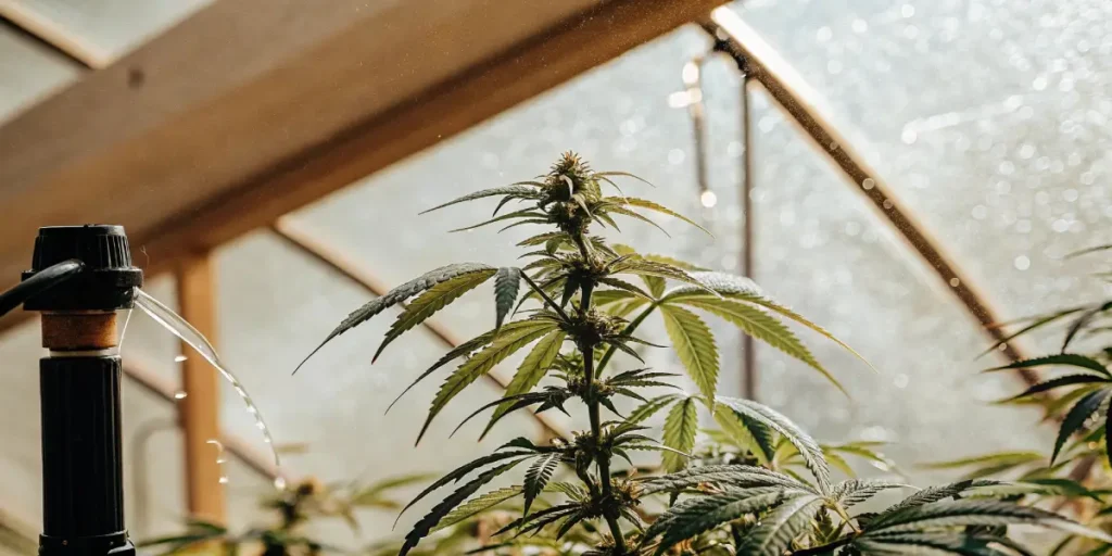 Close-up of a cannabis plant in a greenhouse with a watering emitter and sunlit window.