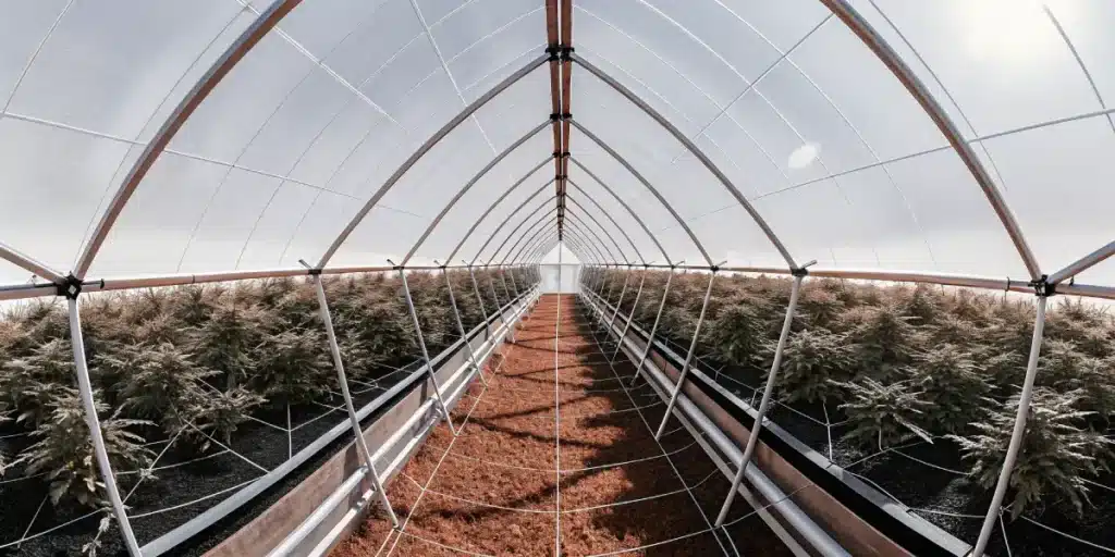 Aerial view of a high-tech greenhouse with a central path, rows of cannabis plants, and reddish-brown ground cover.