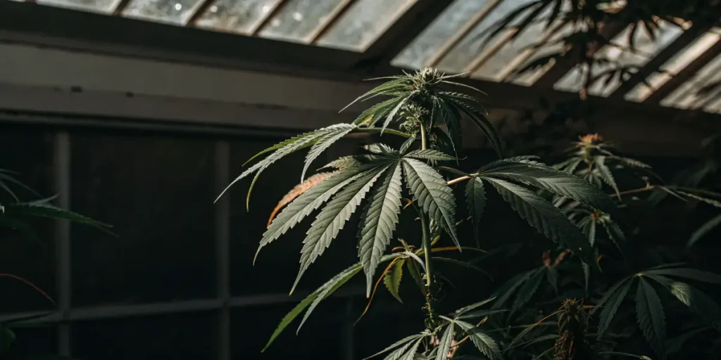 Close-up of a marijuana plant in a dark greenhouse, with sunlight illuminating its leaves from above.