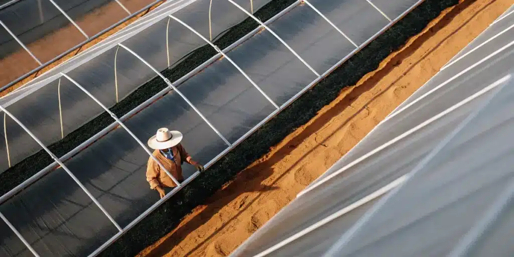 Overhead shot of an agricultural worker in a hat and jacket, tending to plants in a greenhouse with sandy ground.