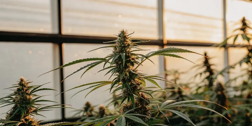 Healthy cannabis plant in a greenhouse with natural light, focus on prominent buds.