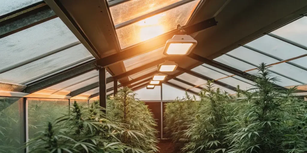 Cannabis plants in a greenhouse with sunset light and artificial lamps.