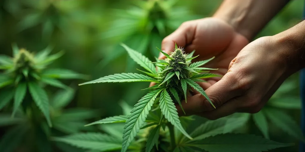 Grow Cement Shoes Regular bud being inspected by hand showcasing its dense trichomes and optimal outdoor growth.