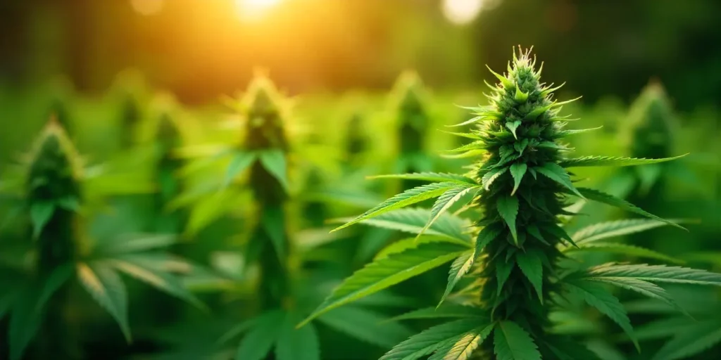 Outdoor Cheese cannabis plant basking in golden hour sunlight.