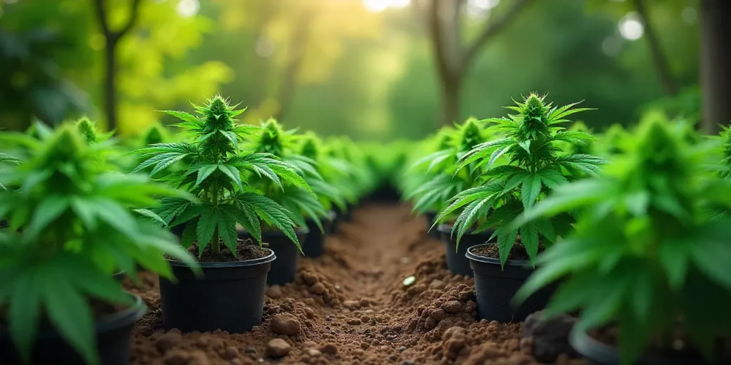 Grow Cream Auto outdoors in pots with healthy vegetative growth.