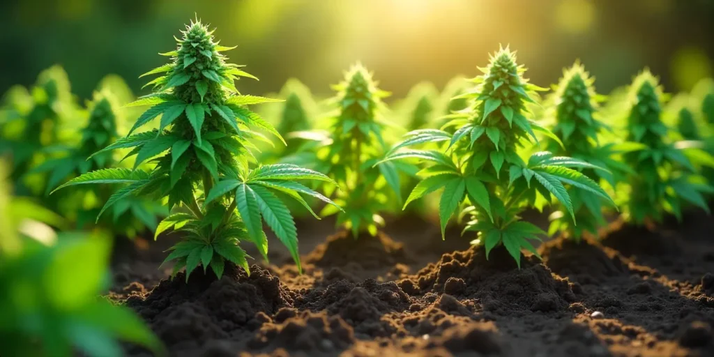 Grow Cream Auto plants flourishing in open soil during golden hour.