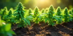 Grow Cream Auto plants flourishing in open soil during golden hour.