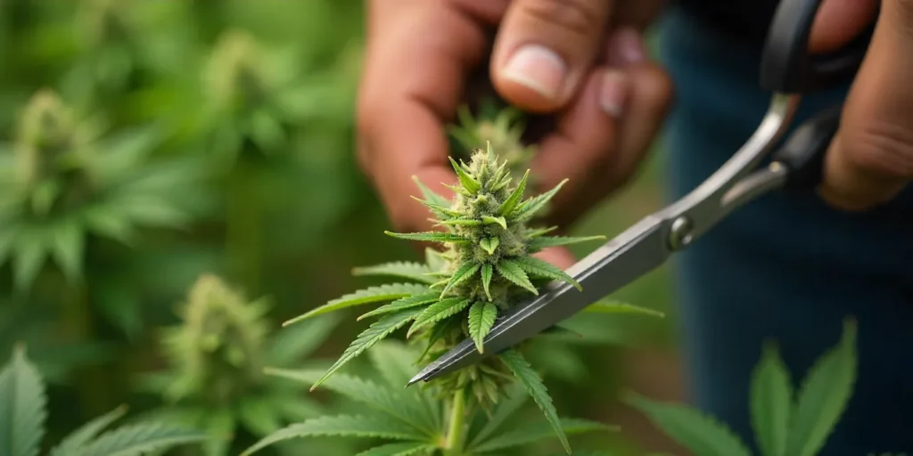 A cultivator carefully trims a ripe Colombian Gold Auto flower, showcasing the dense structure and resinous trichomes of this autoflowering classic.