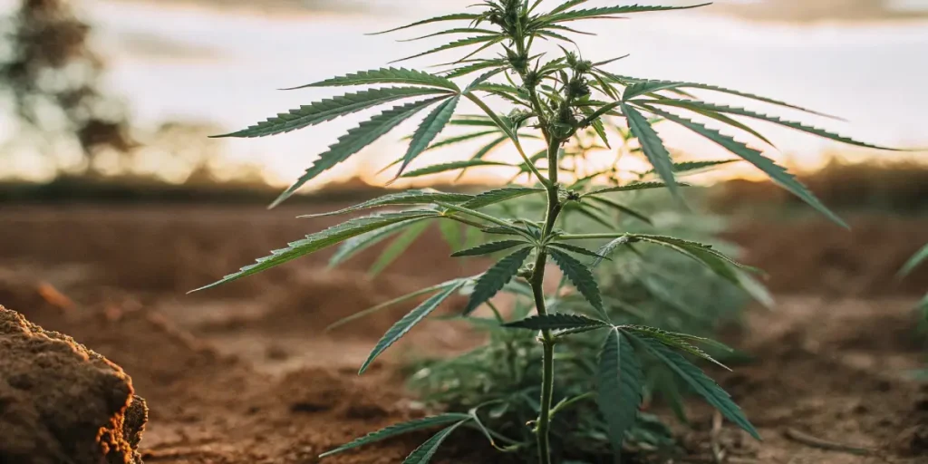 Close-up of hands holding a handful of light-colored cannabis seeds under a clear blue sky.