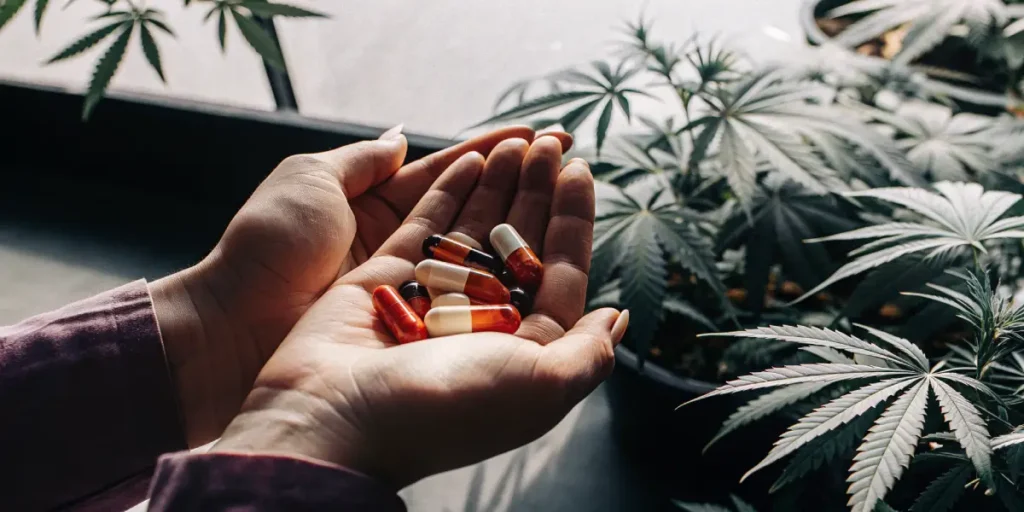 Hands holding a handful of red and white capsules near a plant.