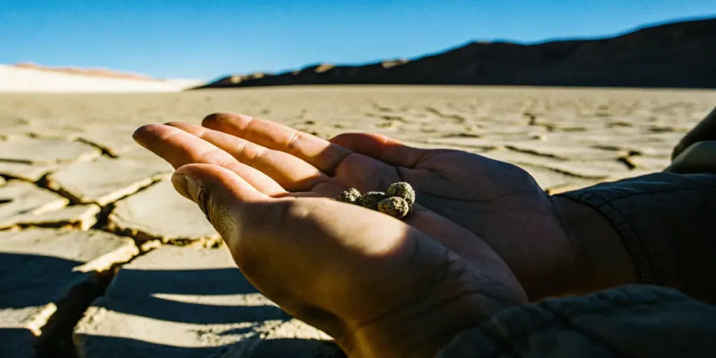 Close-up of a hand gently holding small, round seeds, with a vast cracked desert landscape in the background.