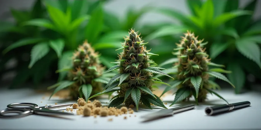 Harvested Cement Shoe x Rainbow Regular cannabis flowers surrounded by trimming tools.