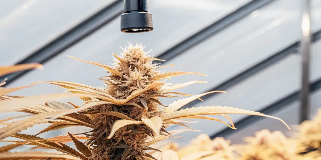 Close-up of a golden-hued cannabis plant with a prominent bud, under an overhead grow light, in a high-tech greenhouse.