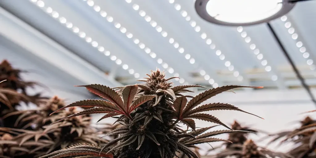 Close-up of a high-tech cannabis grow, showing a reddish-purple plant under LED strip lights.