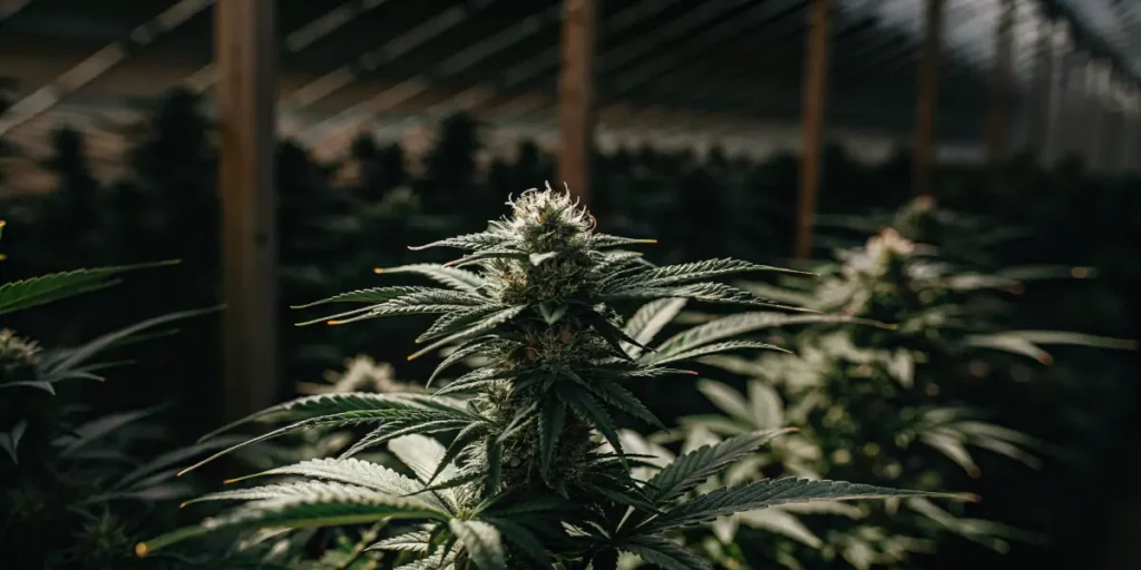 Close-up of a cannabis plant with a dense, frosty bud and dark green leaves, in a high-tech greenhouse with wooden structures.