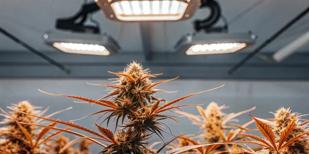 Close-up of golden-hued cannabis plants with prominent buds under bright overhead grow lights in a high-tech indoor grow room.