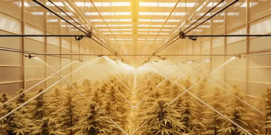 Aerial view of a high-tech greenhouse with golden-hued cannabis plants, being misted by an automated irrigation system.