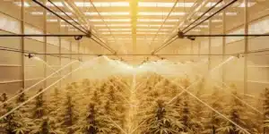 Aerial view of a high-tech greenhouse with golden-hued cannabis plants, being misted by an automated irrigation system.