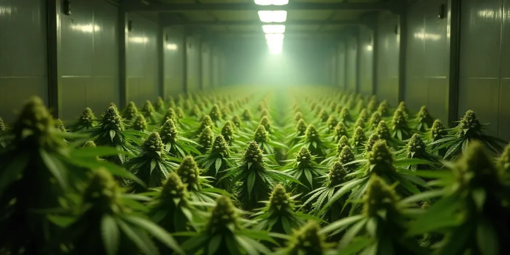 High-yield indoor setup to grow Cheese Diesel with dense flowering cannabis plants under optimized light and ventilation conditions.