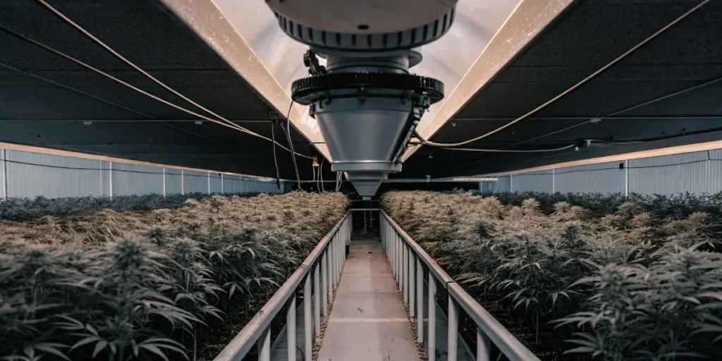 Indoor cannabis grow room with gray plants under industrial lights.