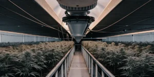 Indoor cannabis grow room with gray plants under industrial lights.