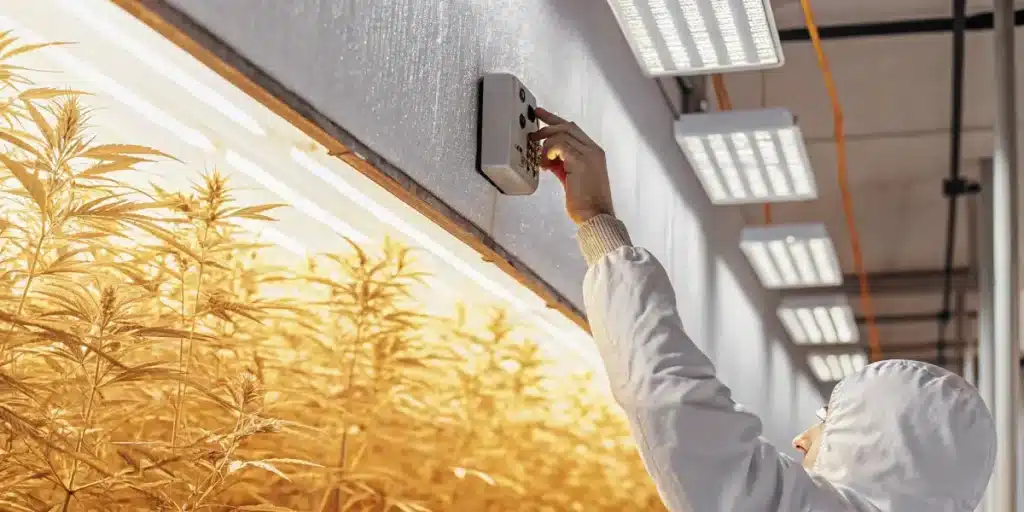 Horticulturist adjusting a control panel above rows of golden-hued cannabis plants.
