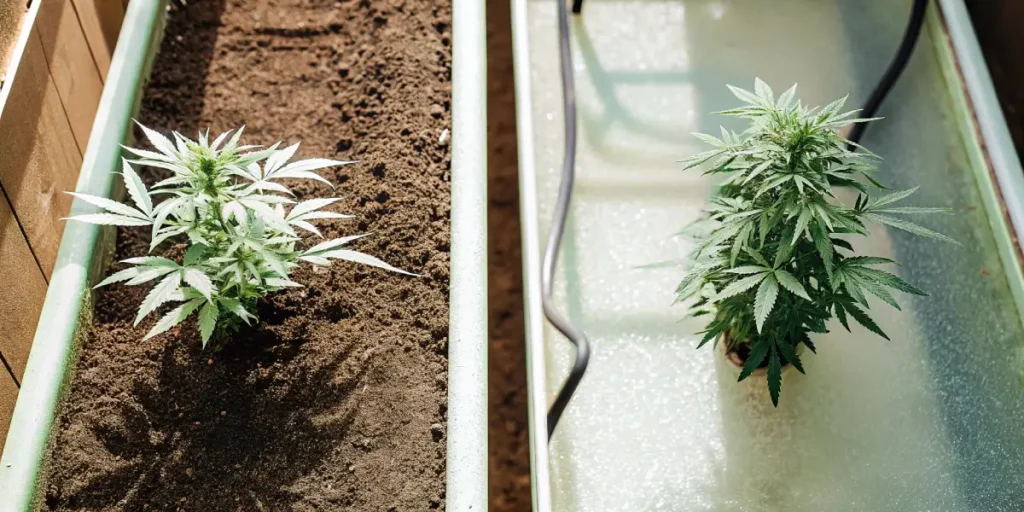 Top-down view: cannabis plant in soil next to a hydroponically grown cannabis plant on a reflective surface.