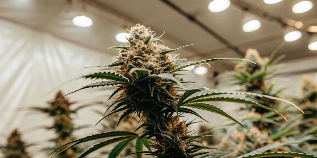 Macro photograph of a cannabis bud with prominent orange pistils and frosty trichomes, under bright indoor grow lights.