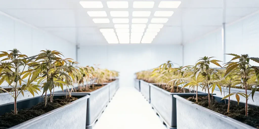 Wide-angle shot of a clean, brightly lit indoor cannabis farm with two rows of plants in gray planters.
